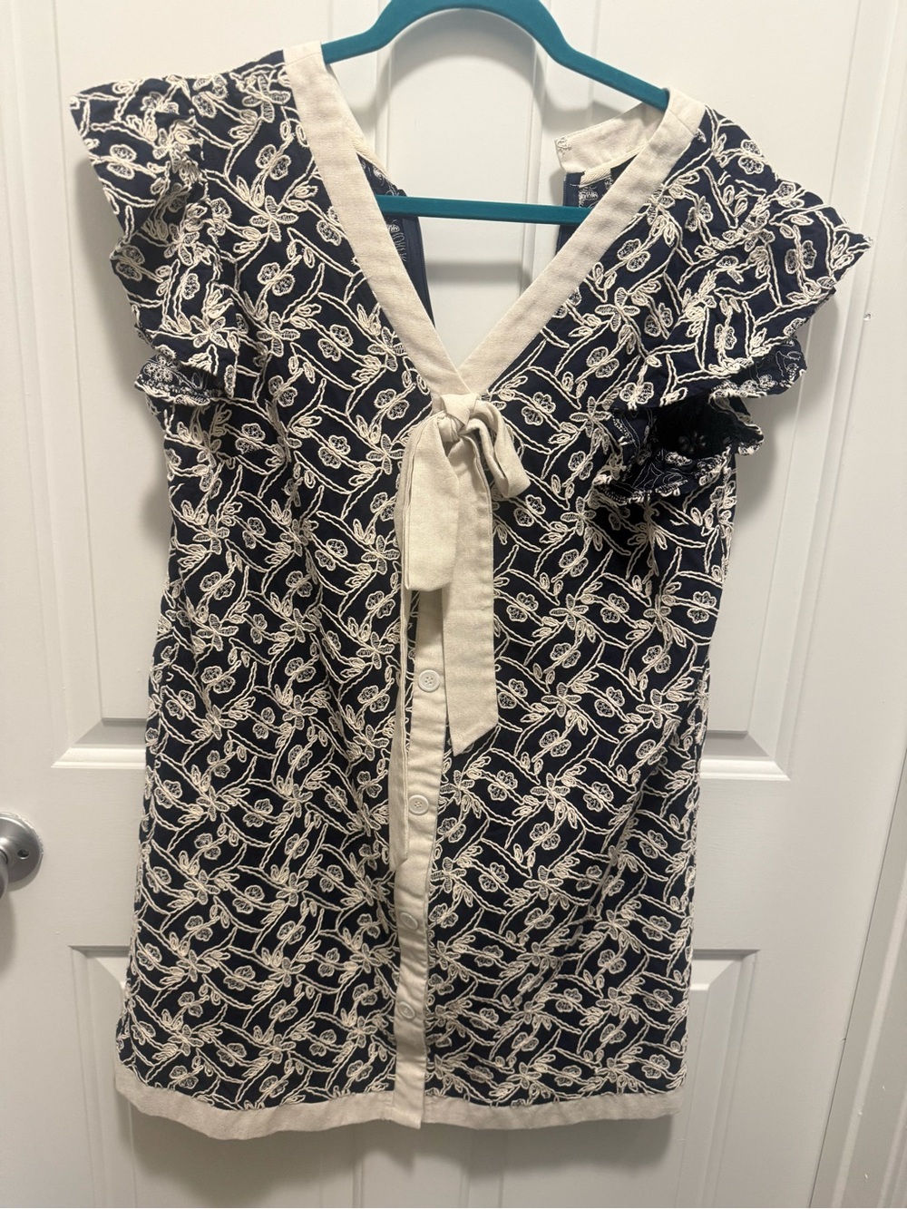 FABRIK - Navy Floral Tie-Front Dress with Ivory Trim. Sz L